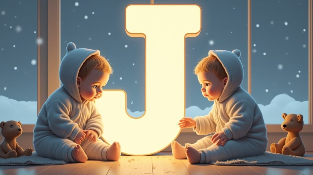 Des bébés jouant paisiblement avec des jouets en bois sculpté autour d’une grande lettre néon blanche "J", dans un cadre nordique épuré, baigné d’une lumière tamisée.