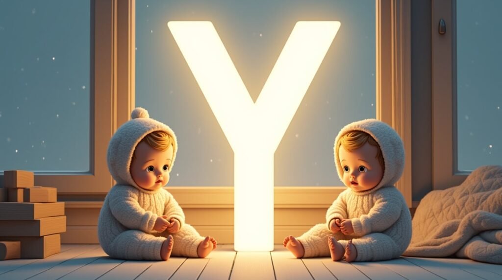 Des bébés jouant paisiblement avec des jouets en bois sculpté autour d’une grande lettre néon blanche "Y", dans un cadre nordique épuré, baignant dans une lumière douce et tamisée.