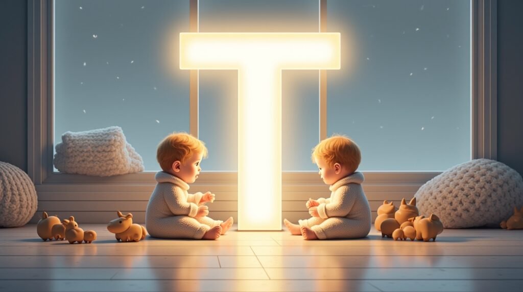 Des bébés jouant paisiblement avec des jouets en bois sculpté autour d’une grande lettre néon blanche "T", dans un cadre nordique épuré, baigné de lumière tamisée.