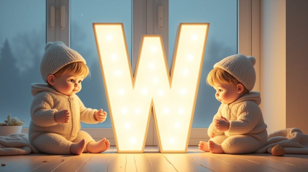 Des bébés jouant paisiblement avec des jouets en bois sculpté autour d’une grande lettre néon blanche "W", dans un décor nordique épuré, baignant dans une lumière tamisée.