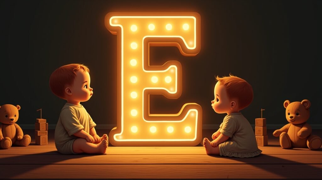 Habillés à la mode des années 1920 à l'anglaise, des bébés sont assis autour d'une lettre néon grise "E", reposant sur un sol en bois classique de crèche, créant une ambiance rétro élégante.