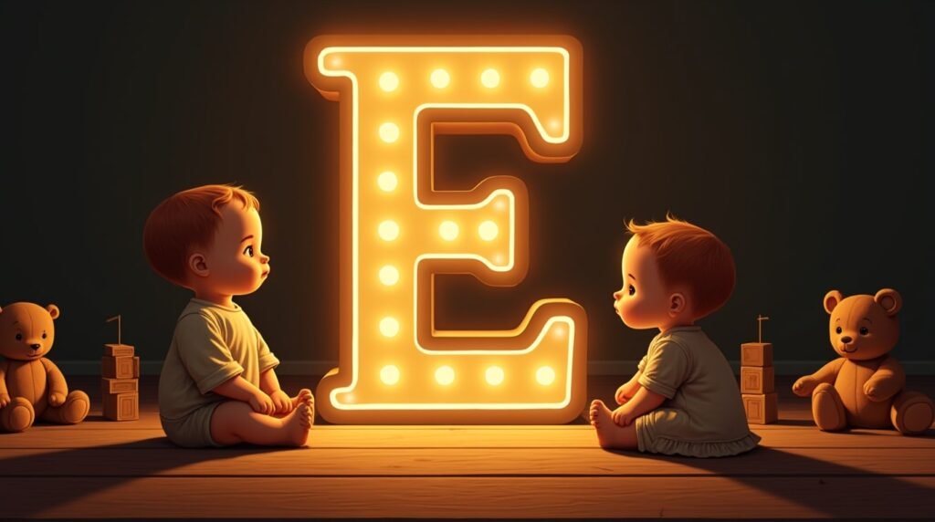 Des bébés habillés dans le style des années 1920, tranquilles, assis autour d’une lettre néon marron "E", sur un sol en bois classique, entourés de jouets vintage charmants.