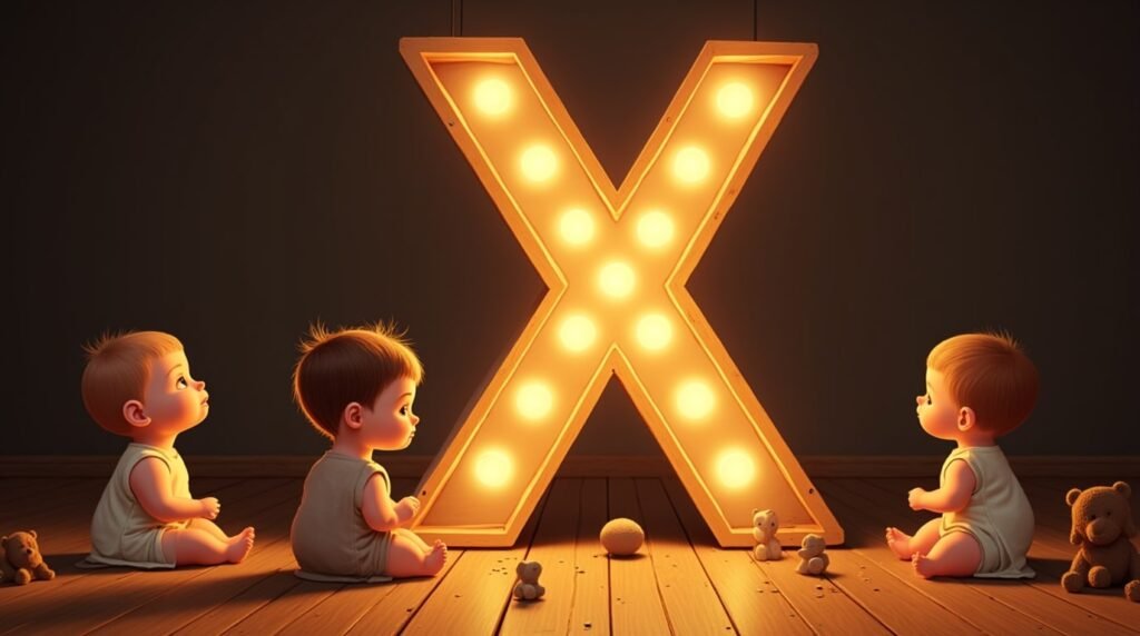 Des bébés habillés dans le style des années 1920, assis sereinement autour d’une lettre néon marron "X", sur un sol en bois classique, entourés de jouets rétro.