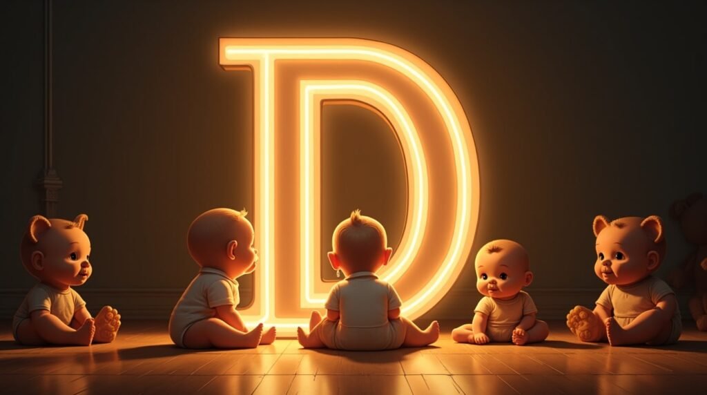 Des bébés habillés à la mode des années 1920, sereins, assis autour d’une lettre néon marron "D", sur un sol en bois classique, entourés de jouets vintage.