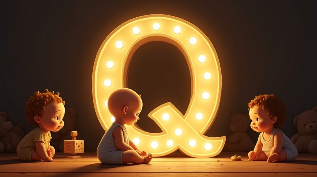 Des bébés vêtus dans le style des années 1920, sereins et assis autour d’une lettre néon marron "Q", sur un sol en bois classique, entourés de jouets rétro charmants.
