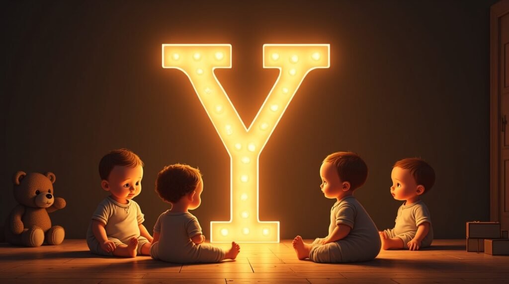 Des bébés vêtus de tenues des années 1920, assis tranquillement autour d’une lettre néon marron "Y", sur un sol en bois traditionnel, entourés de jouets rétro au charme vintage.