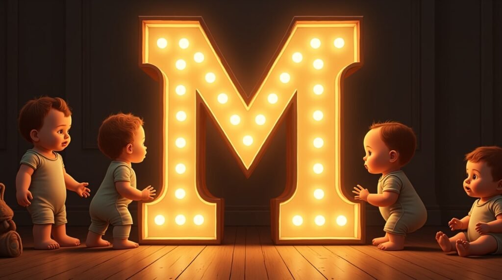 Des bébés habillés à la mode des années 1920, sereins, assis autour d’une lettre néon marron "M", sur un sol en bois classique, entourés de jouets rétro.