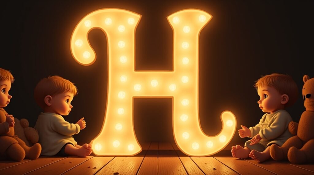 Des bébés habillés dans un style des années 1920, paisibles, assis autour d'une lettre néon marron "H", sur un sol en bois classique, entourés de jouets vintage.