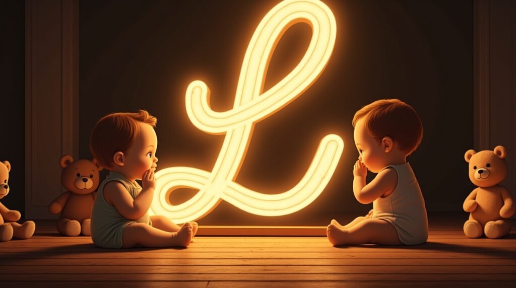 Des bébés habillés dans un style des années 1920, tranquilles, assis autour d'une lettre néon marron "L", sur un sol en bois classique, entourés de jouets vintage.