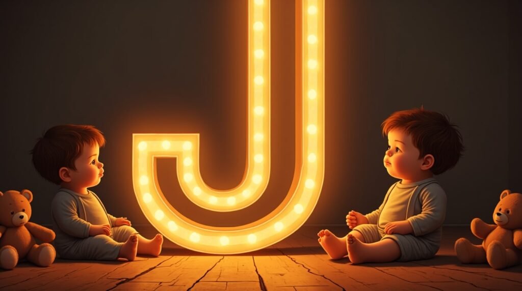 Des bébés habillés à la mode anglaise des années 1920, assis autour d'une lettre néon grise "J", reposant sur un sol en bois classique de crèche, créant une ambiance rétro élégante.