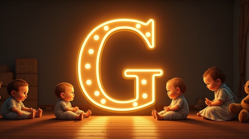 Des bébés habillés dans un style des années 1920, sereins, assis autour d’une lettre néon marron "G", sur un sol en bois classique, entourés de jouets vintage.