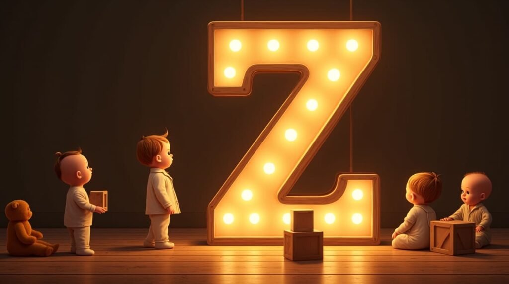 Des bébés habillés dans un style des années 1920, sereins, assis autour d'une lettre néon marron "Z", sur un sol en bois traditionnel, entourés de jouets rétro et raffinés.
