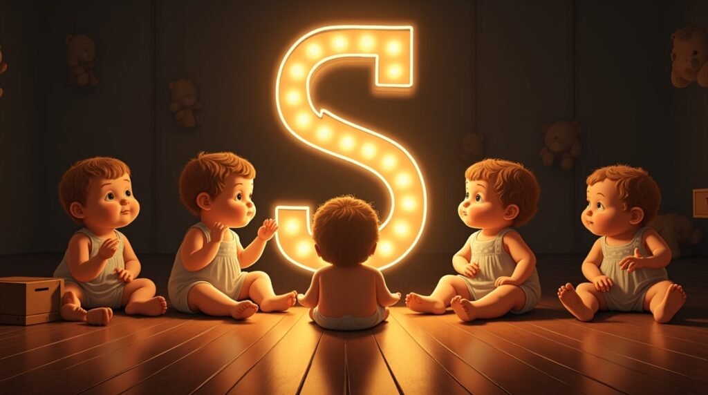 Des bébés habillés dans un style des années 1920, sereins et assis autour d'une lettre néon marron "S", sur un sol en bois classique, entourés de jouets rétro.