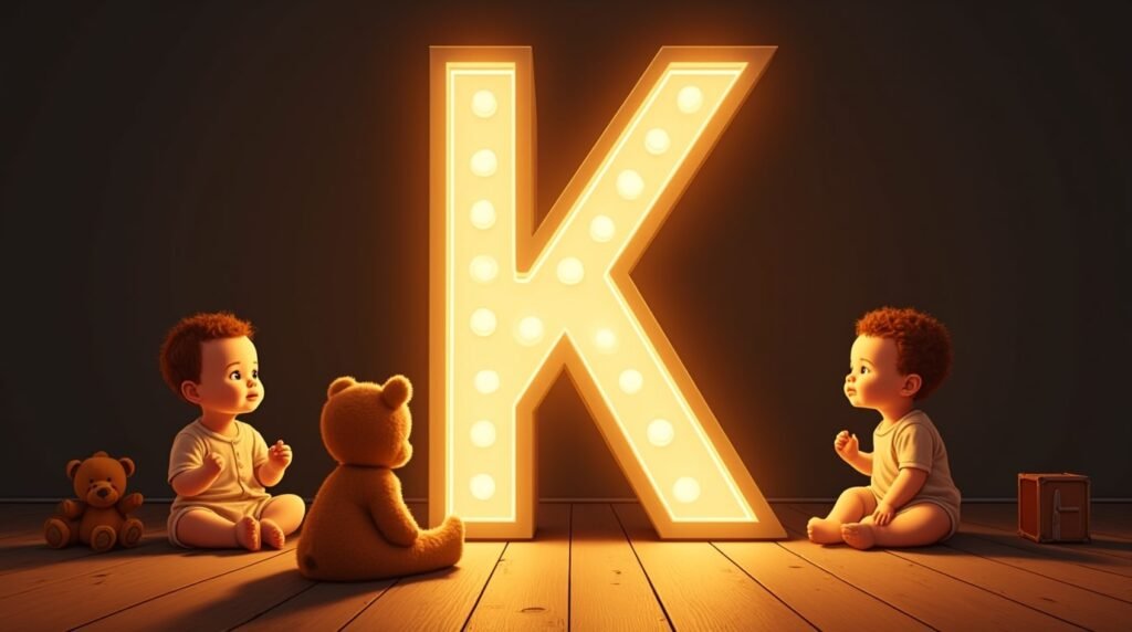 Des bébés vêtus dans un style anglais des années 1920, assis autour d’une lettre néon grise "K", reposant sur un sol en bois classique de crèche, dans une ambiance rétro élégante.