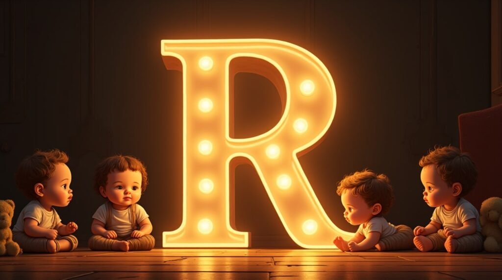 Des bébés habillés dans le style des années 1920, sereins et assis autour d’une lettre néon marron "R", sur un sol en bois classique, entourés de jouets rétro et charmants.