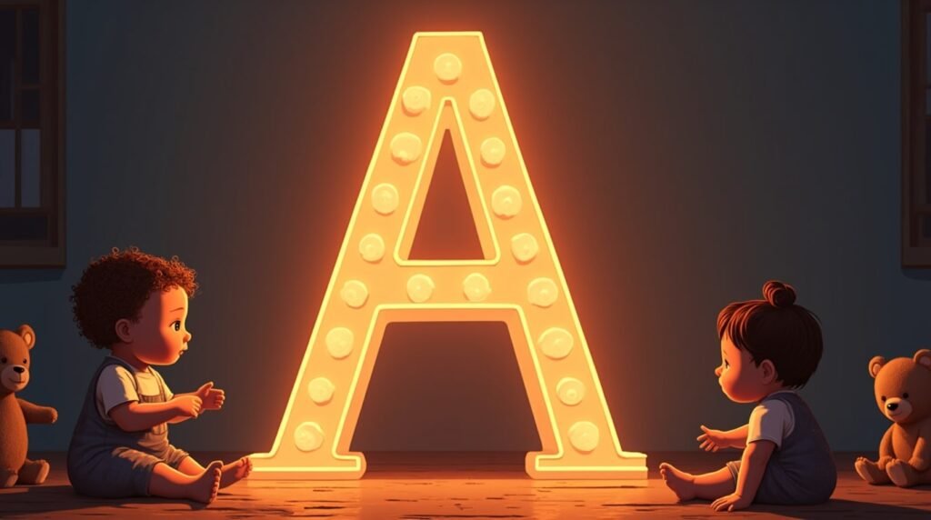 Des bébés habillés dans un style des années 1920, assis autour d’une lettre néon marron "A", sur un sol en bois classique, entourés de jouets rétro charmants.