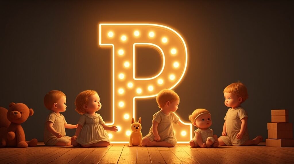 Des bébés vêtus à la mode des années 1920, sereins et assis autour d’une lettre néon marron "P", sur un sol en bois classique, entourés de jouets rétro et élégants.
