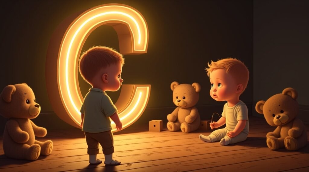 Des bébés habillés à la mode des années 1920 à l’anglaise, assis autour d’une lettre néon grise "C", posée sur un sol en bois classique de crèche, dans une atmosphère rétro.