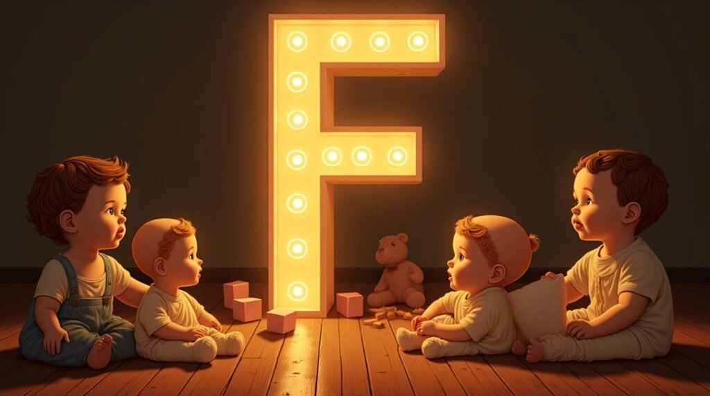 Habillés dans le style des années 1920, des bébés sereins sont assis autour d’une lettre néon marron "F", sur un sol en bois classique, entourés de jouets vintage.