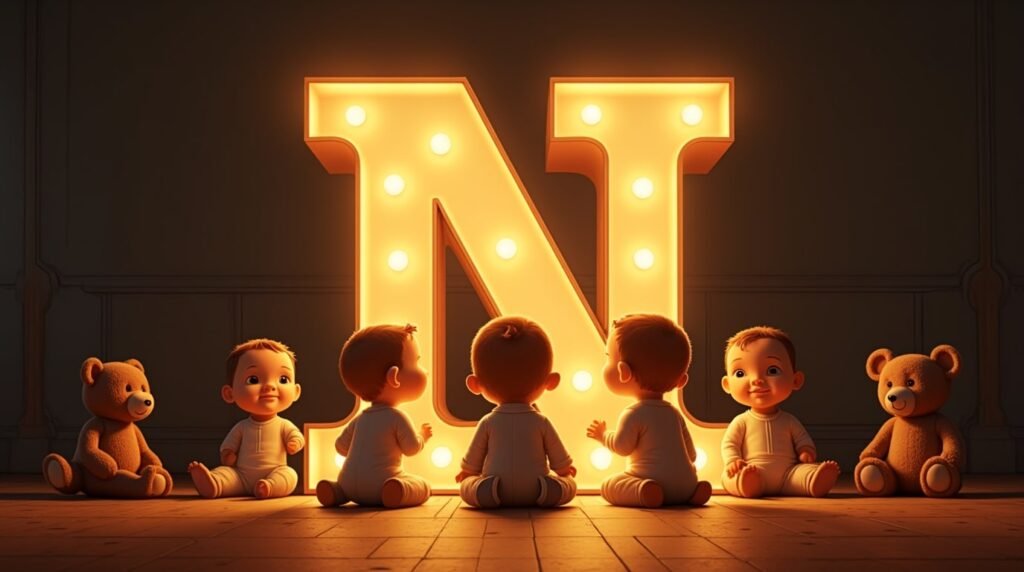 Des bébés vêtus dans le style des années 1920 à l'anglaise, assis autour d’une lettre néon grise "N", reposant sur un sol en bois classique de crèche, créant une atmosphère rétro élégante.