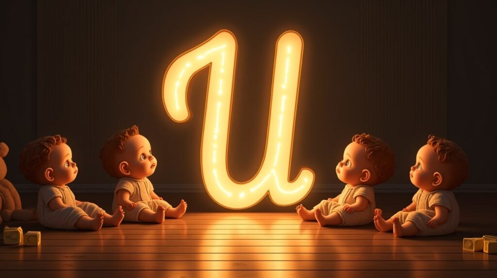 Des bébés habillés dans le style des années 1920, sereins et assis autour d’une lettre néon marron "U", sur un sol en bois classique, entourés de jouets rétro.