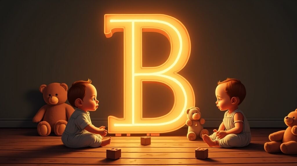 Des bébés habillés à la mode des années 1920 à l’anglaise, assis autour d’une lettre néon grise "B", posée sur un sol en bois classique de crèche, dans une atmosphère rétro.