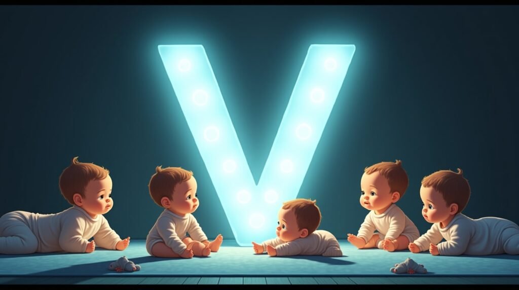 Des bébés habillés de bodies pastel, paisiblement installés autour d'une grande lettre néon bleue "V", créant une atmosphère douce, tranquille et intemporelle.