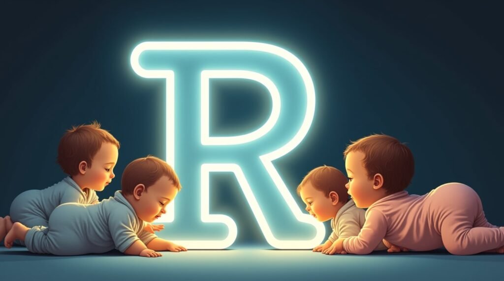 Des bébés en bodies pastel, tranquillement installés autour d’une grande lettre néon bleue "R", créant une ambiance douce, calme et intemporelle.