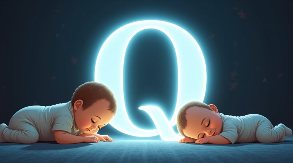 Des bébés vêtus de bodies pastel, assis paisiblement autour d’une grande lettre néon bleue "Q", créant une ambiance douce, calme et intemporelle.