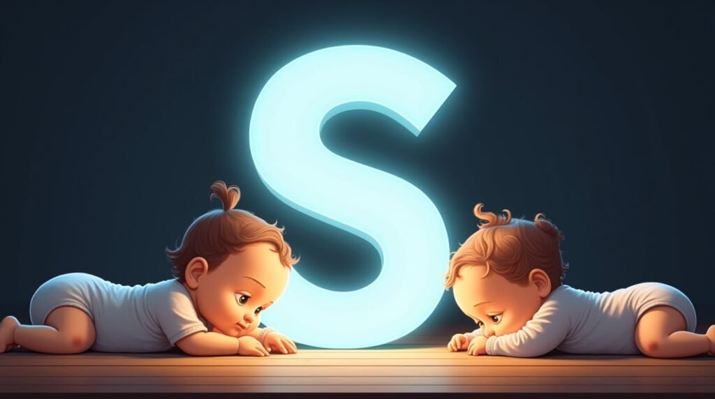 Des bébés vêtus de bodies pastel, installés tranquillement autour d'une grande lettre néon bleue "S", créant une ambiance calme et intemporelle.