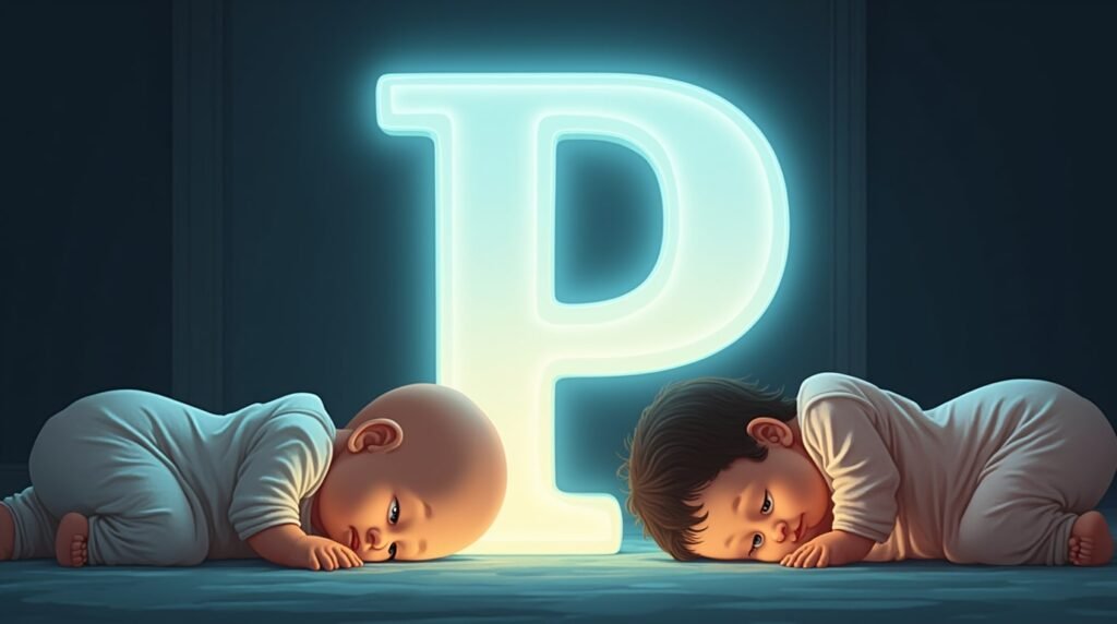 Des bébés habillés en bodies pastel, paisiblement installés autour d’une grande lettre néon bleue "P", créant une ambiance calme et intemporelle.