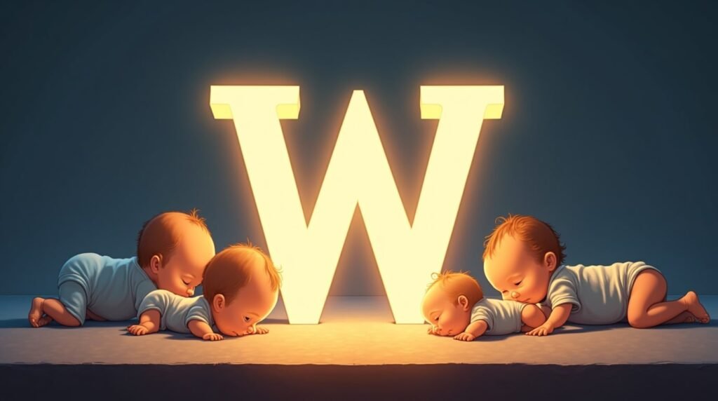 Des bébés habillés dans un style des années 1920, sereins, assis autour d’une lettre néon marron "W", sur un sol en bois classique, entourés de jouets rétro.