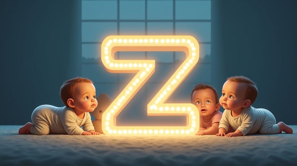 Des bébés en bodies pastel, tranquillement installés autour d’une grande lettre néon bleue "Z", créant une atmosphère douce, calme et hors du temps.