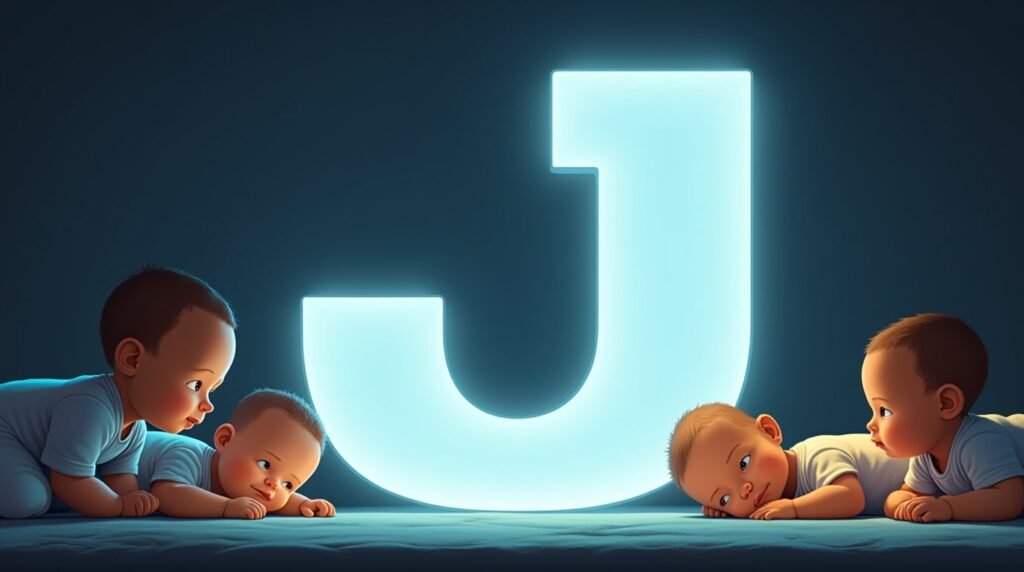 Des bébés en bodies pastel, tranquillement installés autour d'une grande lettre néon bleue "J", créant une ambiance calme et intemporelle.