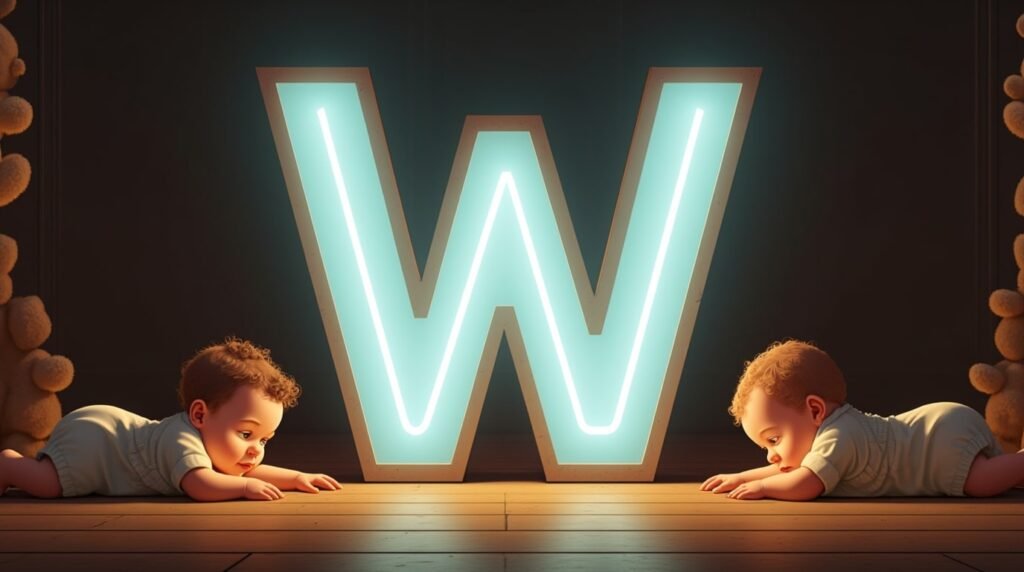 Des bébés vêtus de bodies pastel, paisiblement installés autour d’une grande lettre néon bleue "W", créant une ambiance calme et intemporelle.