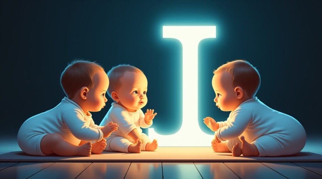 Des bébés habillés de bodies pastel, calmement assis autour d’une lettre néon bleue "I", créant une atmosphère tranquille et intemporelle.