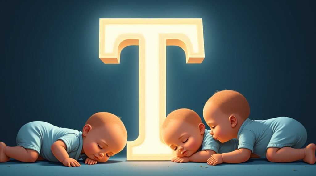 Des bébés vêtus de bodies pastel, installés tranquillement autour d'une grande lettre néon bleue "T", créant une ambiance douce, apaisée et intemporelle.