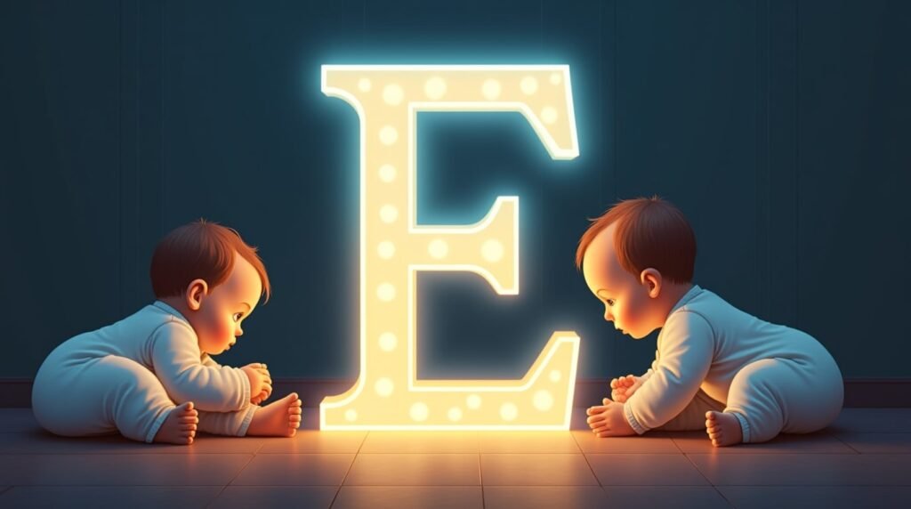 Des bébés vêtus de bodies pastel, assis calmement autour d'une lettre néon bleue "E", créent une atmosphère douce et intemporelle, baignant dans la tranquillité.