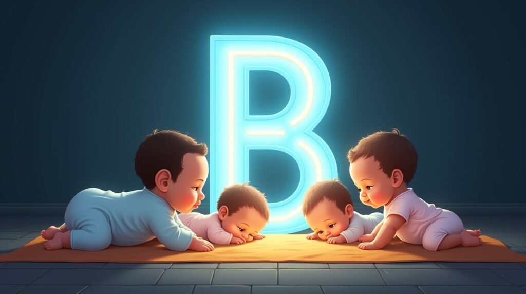 Des bébés en bodies pastel, assis tranquillement autour d’une grande lettre néon bleue "B", créant une ambiance calme, apaisante et intemporelle.