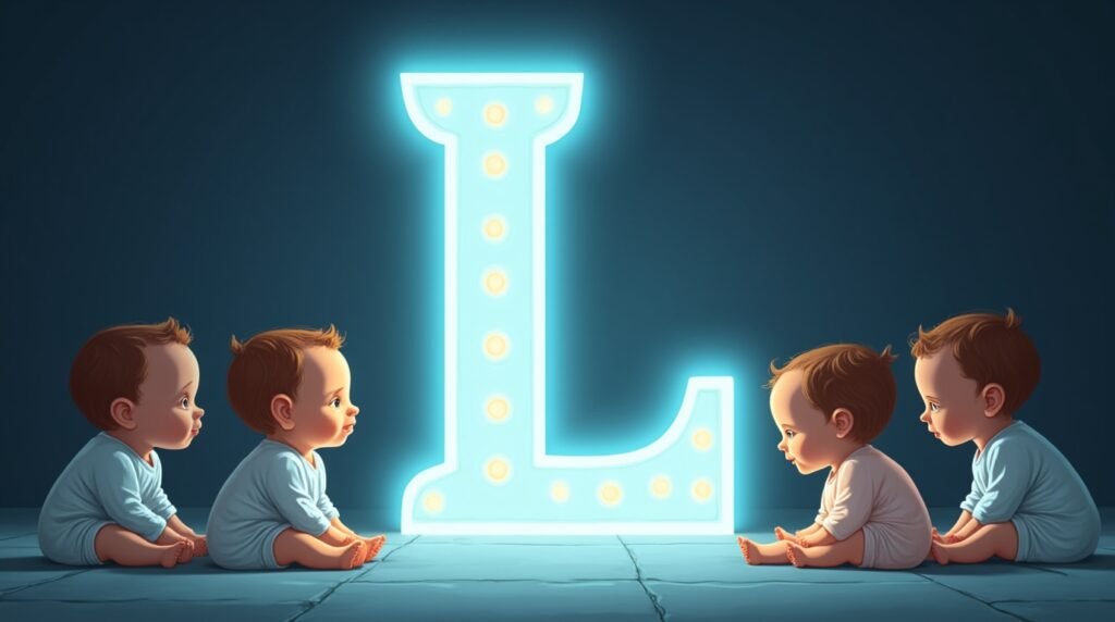 Des bébés vêtus de bodies pastel, paisiblement installés autour d'une grande lettre néon bleue "L", créant une ambiance apaisante et intemporelle.