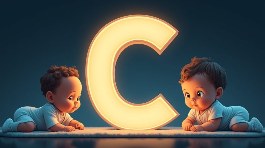 Des bébés en bodies pastel, assis tranquillement autour d’une grande lettre néon bleue "C", créant une ambiance calme, apaisante et intemporelle.