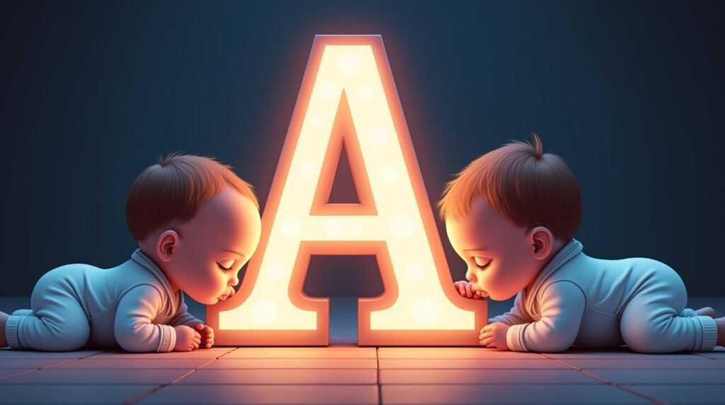 Des bébés vêtus de bodies pastel, assis paisiblement autour d'une grande lettre néon bleue, créant une atmosphère sereine et intemporelle.
