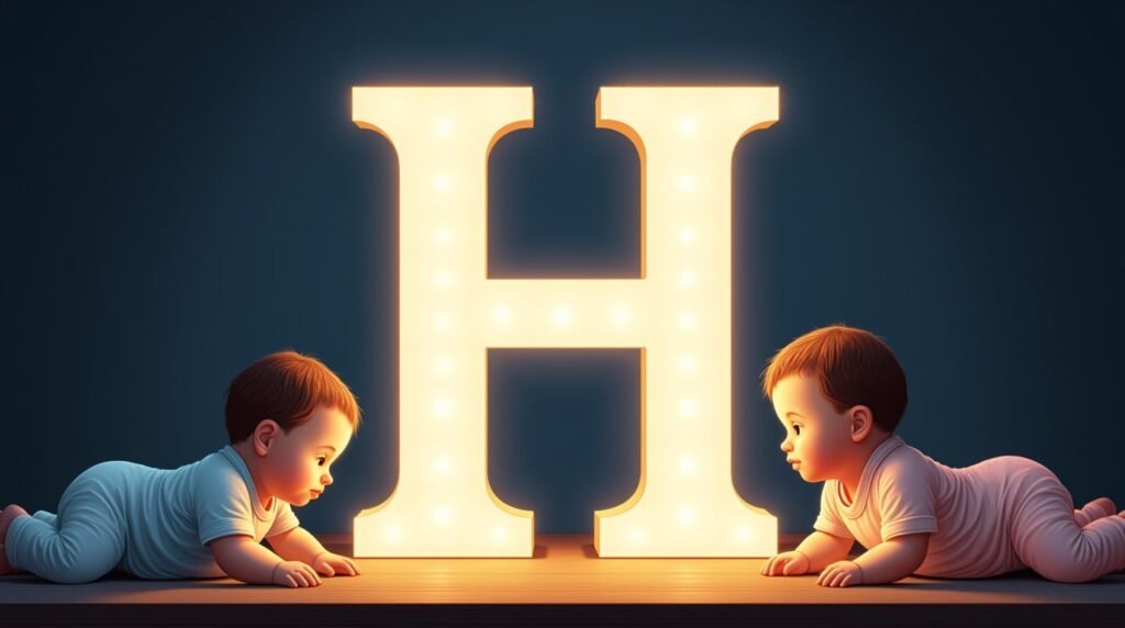 Des bébés vêtus de bodies pastel, paisiblement installés autour d'une grande lettre néon bleue "H", créant une ambiance douce, apaisante et intemporelle.