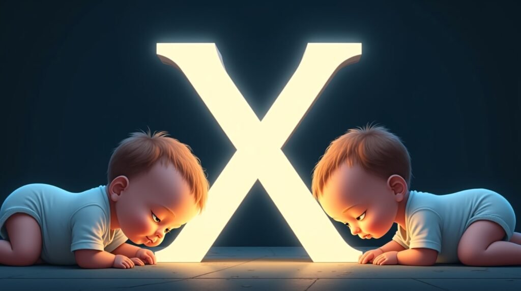 Des bébés en bodies pastel, paisiblement installés autour d’une grande lettre néon bleue "X", créant une atmosphère douce et tranquille, hors du temps.