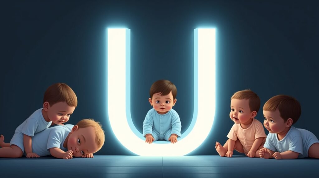 Des bébés en bodies pastel, tranquilles et assis autour d’une grande lettre néon bleue "U", créant une ambiance calme, douce et intemporelle.