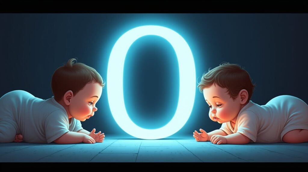 Des bébés habillés en bodies pastel, paisiblement installés autour d'une grande lettre néon bleue "O", créant une atmosphère douce, calme et intemporelle.