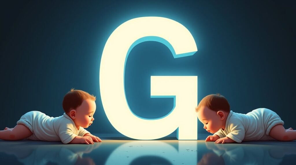 Des bébés habillés de bodies pastel, tranquillement installés autour d’une grande lettre néon bleue "G", créant une ambiance douce et paisible.