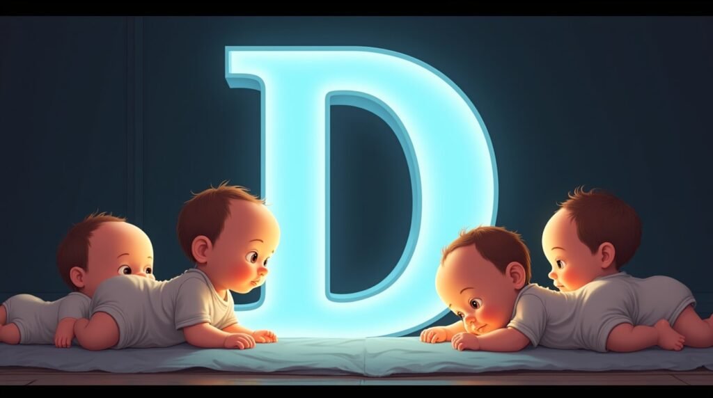 Des bébés en bodies pastel, calmement assis autour d'une grande lettre néon bleue "D", créant une atmosphère douce, apaisée et intemporelle.