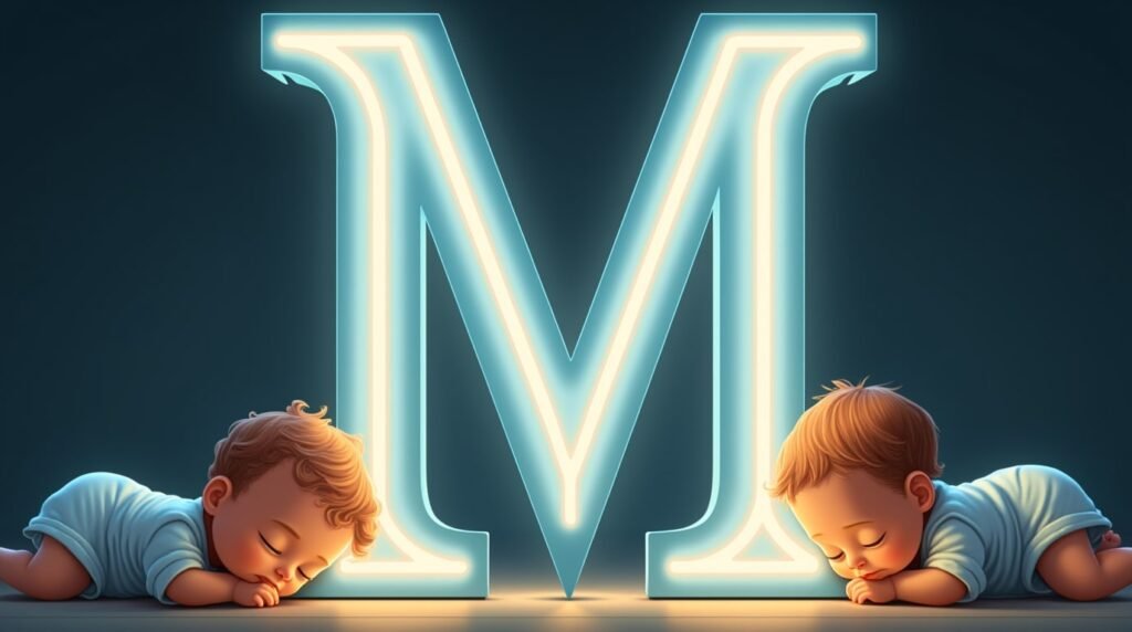 Des bébés en bodies paisiblement installés autour d'une grande lettre néon bleue "M", créant une ambiance douce et intemporelle.