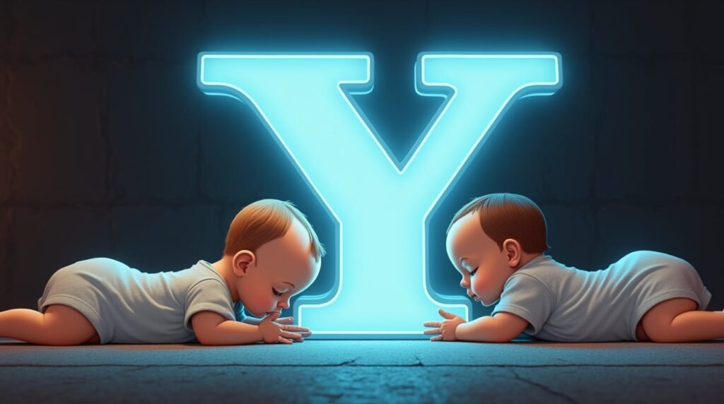 Des bébés en bodies pastel, installés calmement autour d'une grande lettre néon bleue "Y", créant une ambiance douce et apaisante, hors du temps.
